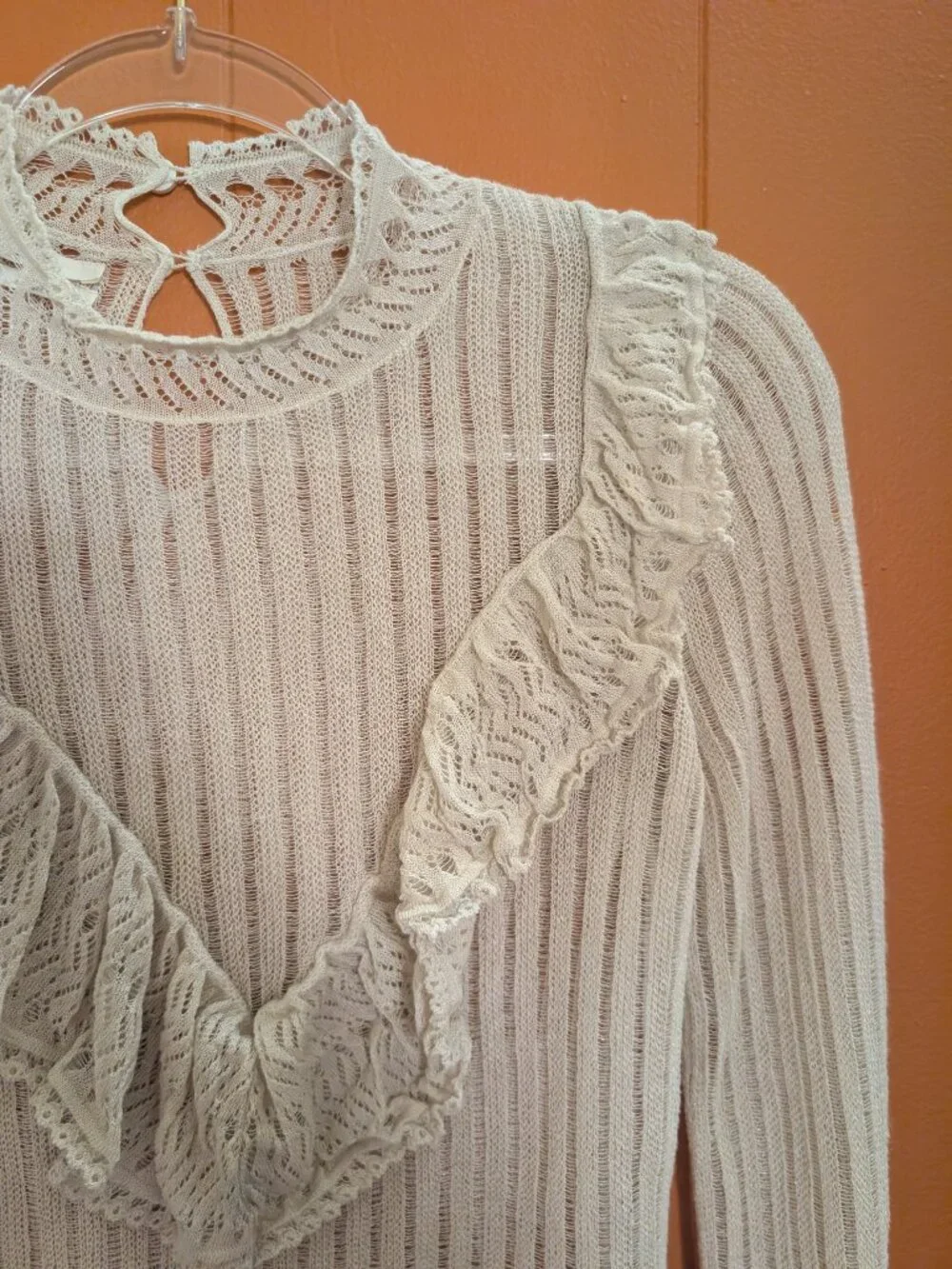 ANTHROPOLOGIE Ivory Sheer Knit Ruffle Blouse S Victorian Romantic Poet Sleeve
